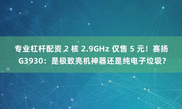 专业杠杆配资 2 核 2.9GHz 仅售 5 元！赛扬 G3930：是极致亮机神器还是纯电子垃圾？